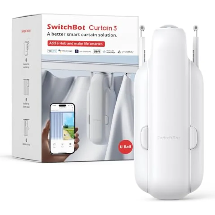 SwitchBot Smart Automatischer Vorhangöffner - Bluetooth Fernbedienung mit App/Timer, Aufgerüsteter Hochleistungsmotor, Kompatibel mit Alexa, Google Home(SwitchBot Hub erforderlich) (Curtain 3, U Rail)
