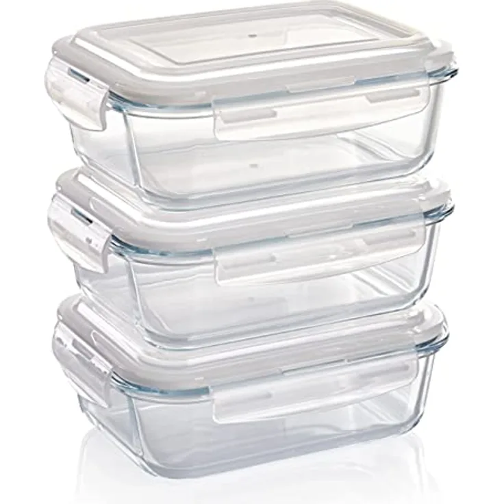 Grizzly Glas Frischhaltedosen Set 3x 1040 ml, rechteckig, luftdicht mit Click-Verschluss, für Ofen, Mikrowelle und Gefrierfach