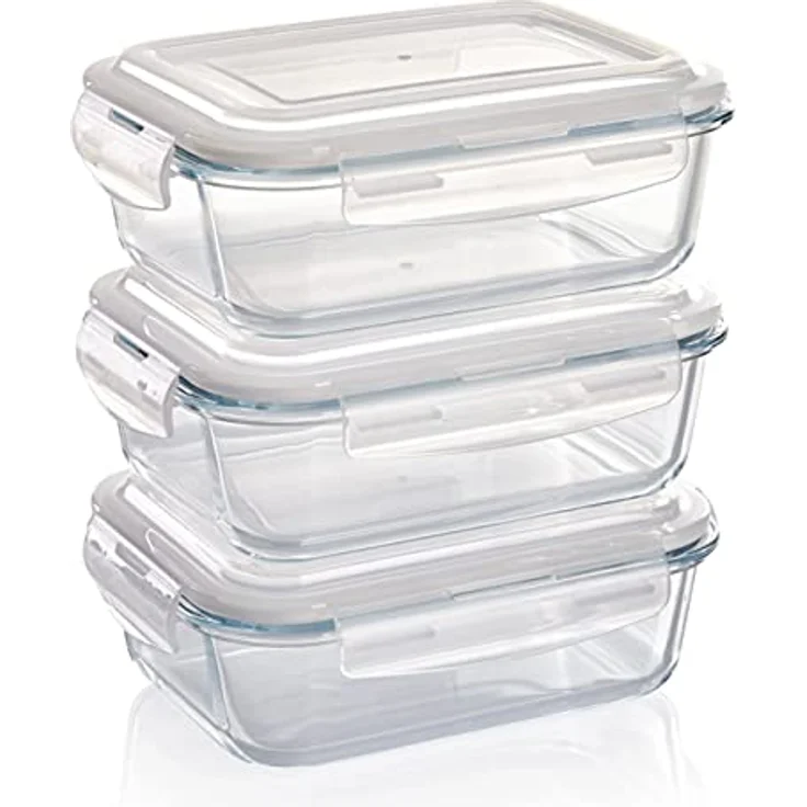 Grizzly Glas Frischhaltedosen Set 3x 1040 ml, rechteckig, luftdicht mit Click-Verschluss, für Ofen, Mikrowelle und Gefrierfach – Bild 1