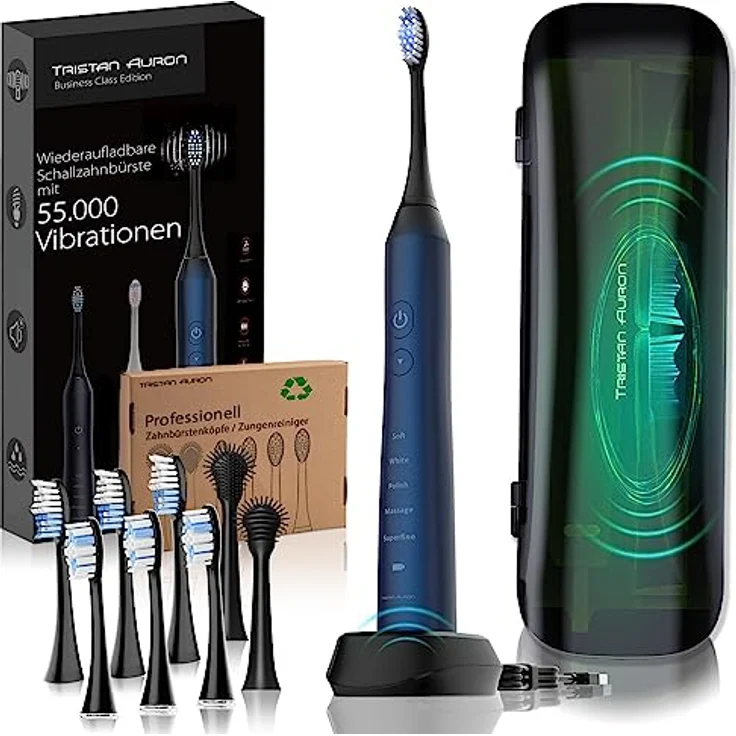 Tristan Auron Schallzahnbürste Business Class - 55.000 Schwingungen - 5 Modi - 60 Tage Akku + inkl. Etui mit UV Desinfektion und 6 Ersatzbürste und 2 Zungenreiniger - blau – Bild 1