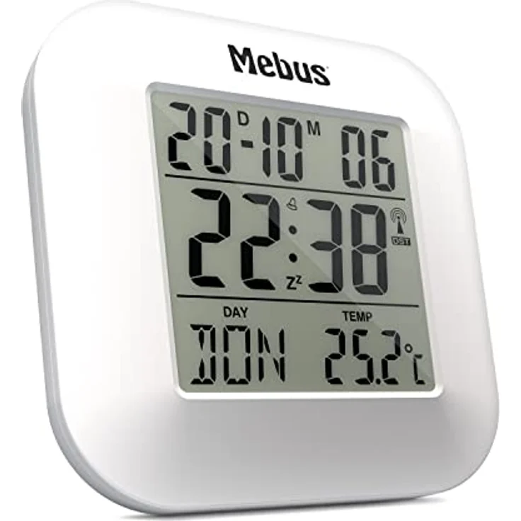 Mebus digitaler Funk-Wecker mit Thermometer, Datumsanzeige und Beleuchtung, Snooze-Funtion, Kunststoff, Weiß, 8 x 8,5 x 1,8 cm – Bild 3