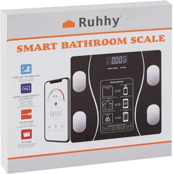 Ruhhy Personenwaage 22525, bis 180 kg, LCD-Anzeige, Bluetooth, hochpräzise Sensoren, schwarzes hartes Glas – Bild 5