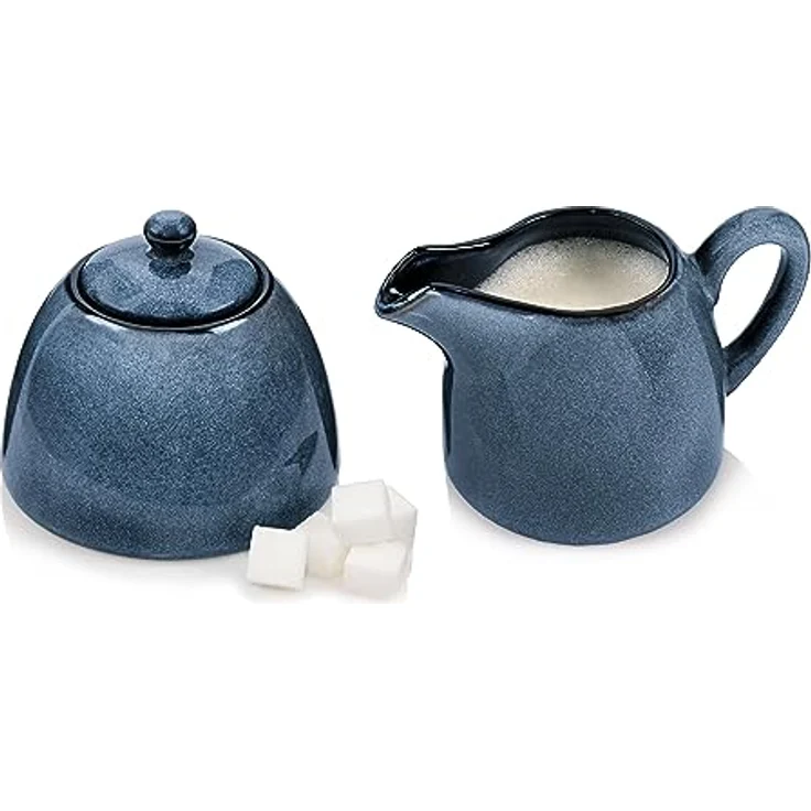 Sänger | Milch und Zucker Set Darwin 3 TLG, Zuckerdose und Milchkännchen Set Steingut, Zuckerdose mit Deckel und Milchkanne, Milchbehälter und Zuckerdosierer Handmade, Zuckerbehälter Blau – Bild 1