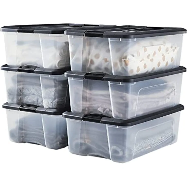 Iris Ohyama, Kunststoff-Aufbewahrungsbox, 30 l Garagen-Aufbewahrungsbox, 6er-Set, BPA-frei, NTB-30, Schwarz, stapelbar, Verschlussklammern ? B58 x T39,5 x H20,5 cm