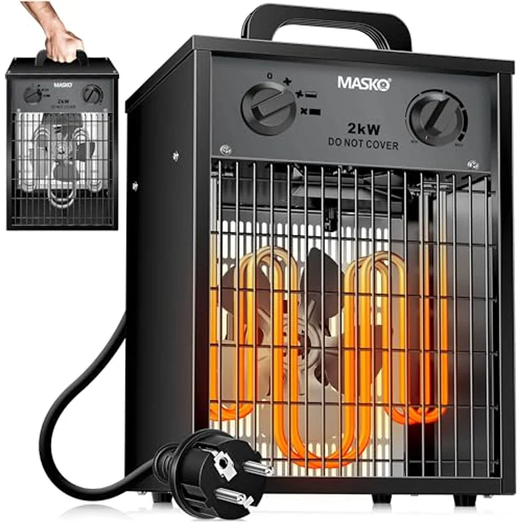 MASKO Elektroheizer Heizlüfter Bauheizer 2 KW, 2000 Watt mit integrierten Thermostat, 3 Heizstufen, überlastgeschützt, für Innen- & Außeneinsatz, anthrazit – Bild 1