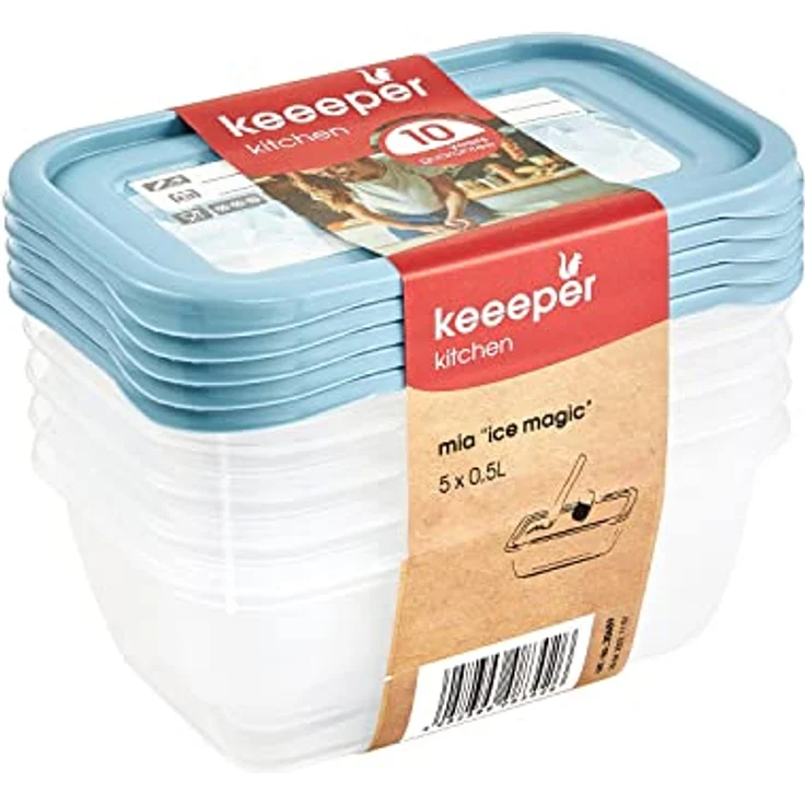 keeeper Tiefkühldosenset 5-teilig, Wiederbeschreibbarer Deckel, 5 x 500 ml, 15,5 x 10,5 x 6 cm, Mia Magic Ice, Nordic Blue – Bild 1