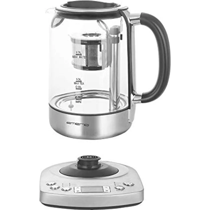 Emerio WK-122248, Glas Teekocher, Wasserkocher, vollautomatisches Teesieb, Absenkautomatik, Borosilikatglas, BPA frei, 1.7l Volumen, Temperaturwahl, 2200 Watt, Schwarz-Silber – Bild 3