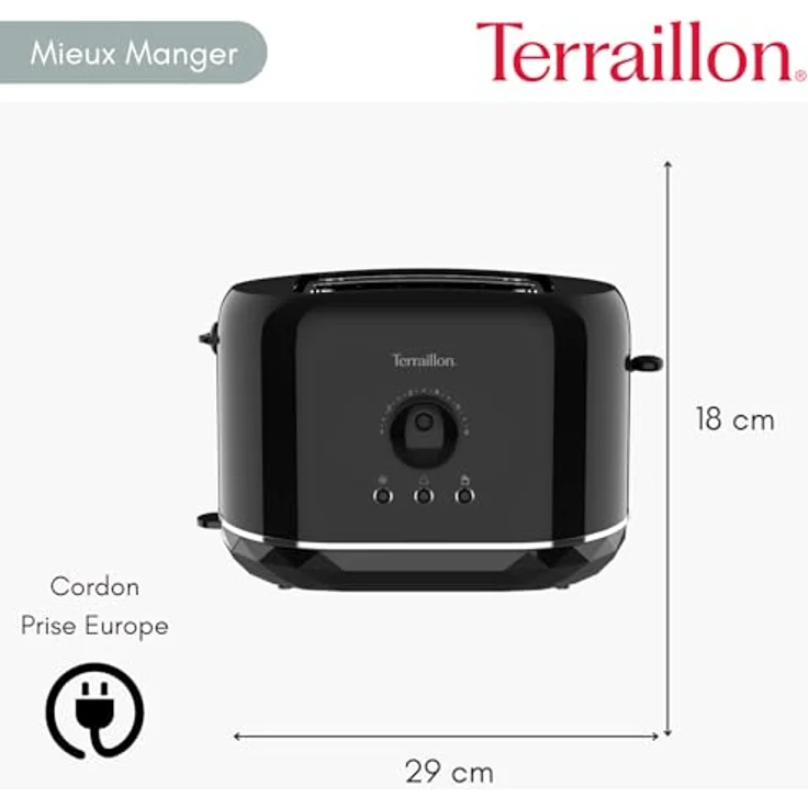 TERRAILLON Schwarzer Diamant Toaster, 2 Schlitze 13 cm, 6 Leistungsstufen (870 W), Aufwärm- und Auftaufunktion, Schwarz – Bild 3