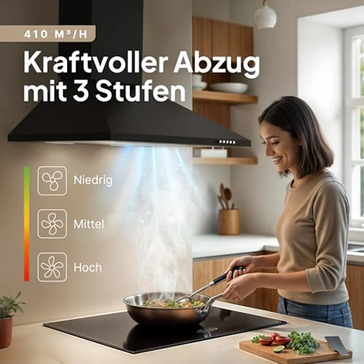 LEVIVO Dunstabzugshaube 60 cm A+++ mit 410 m³/h, Umluft & Abluft, 2 Aktivkohlefiltern, 2 Fettfiltern, Wandhaube, 3 Stufen, Edelstahl – Bild 2