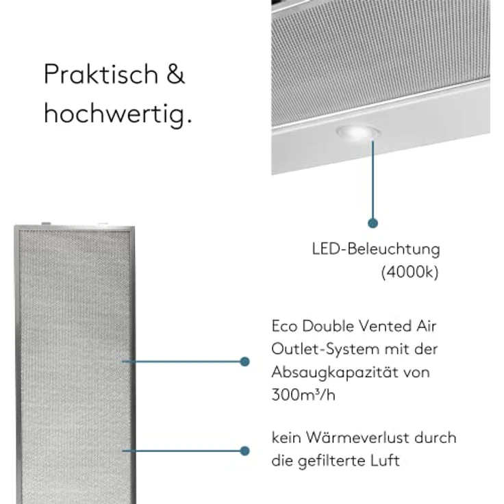 Wiggo Dunstabzugshaube 60cm WE-632R weiß I Flachschirmhaube für Abluft oder Umluft Dunstabzug 300m³/h mit LED-Beleuchtung I Einbau-Dunstabzugshaube inkl. Fettfilter & 2× Kohlefilter – Bild 3