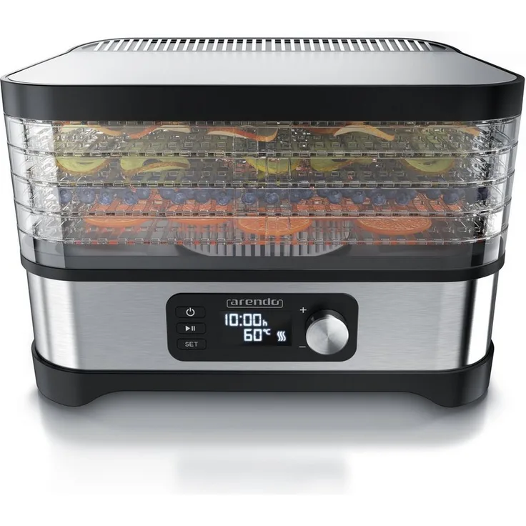 Arendo Dörrautomat 400 W, Edelstahl, 5 Etagen, Temperaturregler 35-70°C, Timer 24h, BPA-frei für Fleisch/Obst/Gemüse, GS-zertifiziert