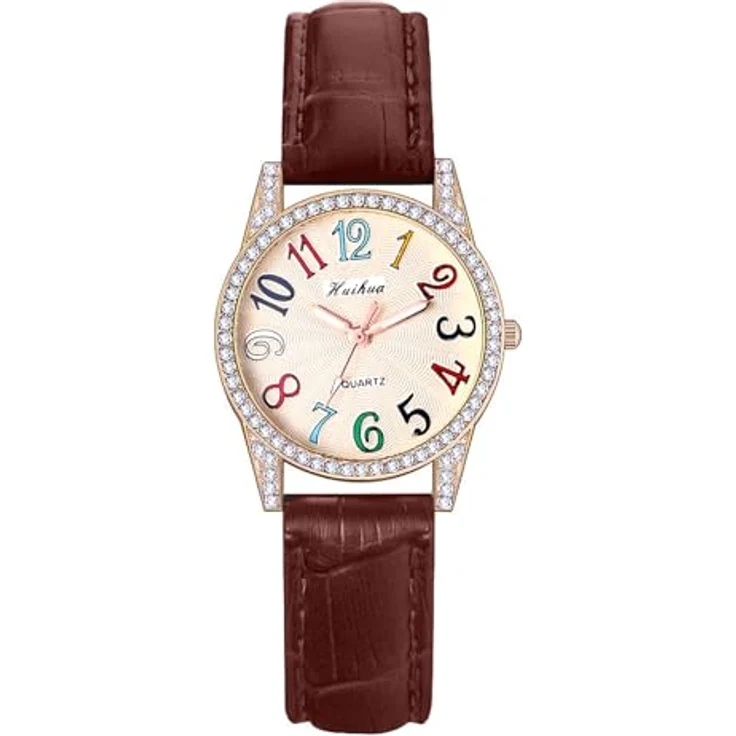 JewelryWe Damen Armbanduhr, Glitzer Strass Analog Quarz mit braunem Lederarmband und Regenbogenfarbenen großen arabischen Zahlen Zifferblatt, 10m wasserdicht – Bild 1