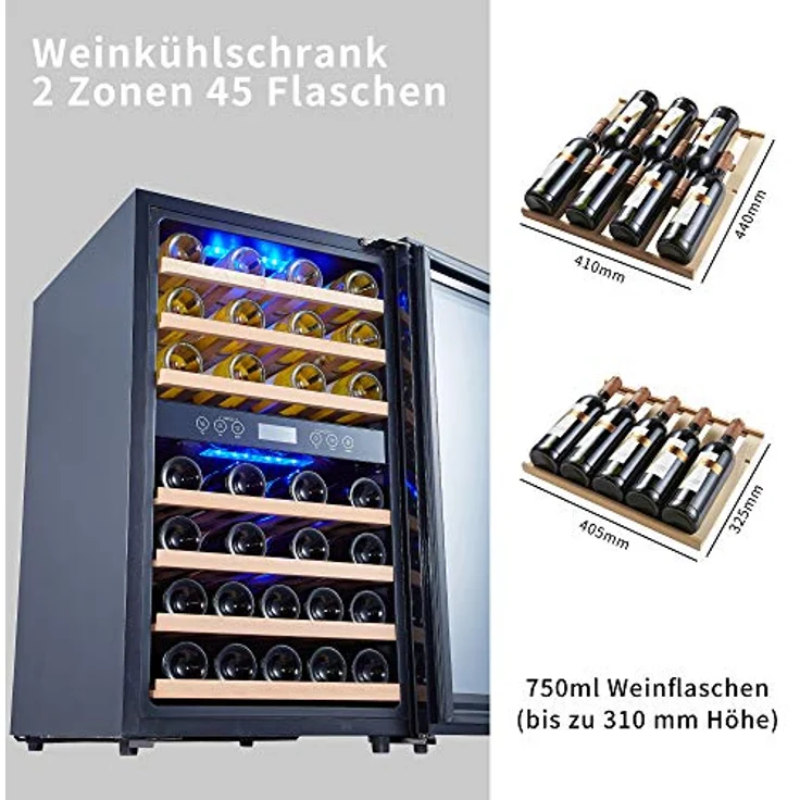 Kalamera Weinkühlschrank 2 Zonen, 45 Flaschen, 120Liter, großes LCD-Display, Temperaturzonen 5-10°C/10-18°C, KRC-120BFG – Bild 3
