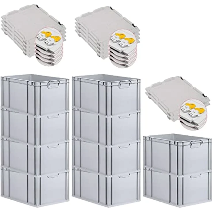 PROREGAL Eurobox NextGen Grip, 10er Set, Scharnierdeckel, 65 L, grau, gelbe Schiebeschnappverschlüsse, HxBxT 32x40x60cm, lebensmittelecht, robuste Transportbox – Bild 1