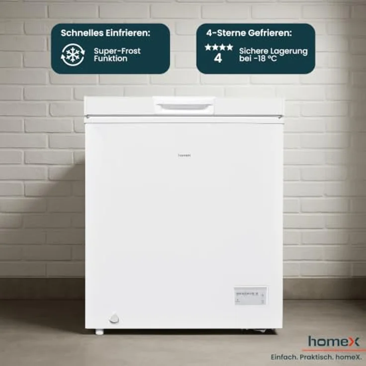 homeX FT1421-W Gefriertruhe, 142 Liter, 4-Sterne Gefrieren, leise 38 dB, inklusive Ablagekorb, kompakte Maße 70,5 x 85 x 56 cm – Bild 4