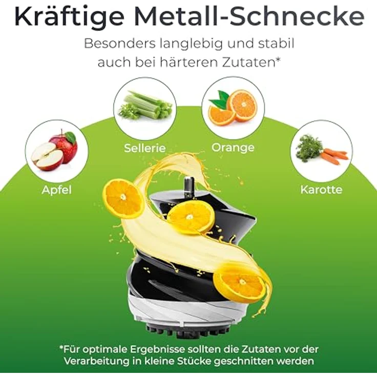 KLAMER Slow Juicer 150 Gemüse und Obst, Entsafter mit Rückwärtsgang, elektrische Fruchtpresse mit Bürste und 2 Behältern, schlankes Design, schwarz – Bild 3