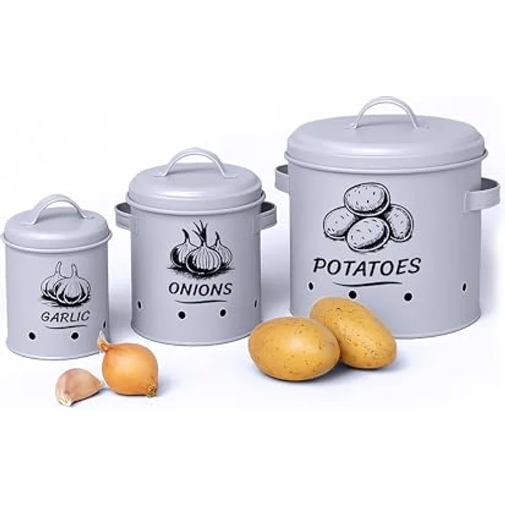 relaxdays Vorratsdose Kartoffel Aufbewahrungsbox 3er Set, Stahl, grau, mit optimalen Lagerbedingungen für Kartoffeln, Zwiebeln und Knoblauch, belüftet – Bild 1