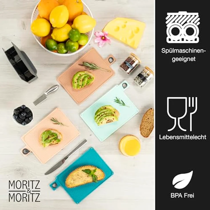 Moritz & Moritz 4X Frühstücksbrettchen Kunststoff Klein - 20,5 x 14,5 cm, spülmaschinenfest, mit Ständer (4 verschiedene Farben) – Bild 3