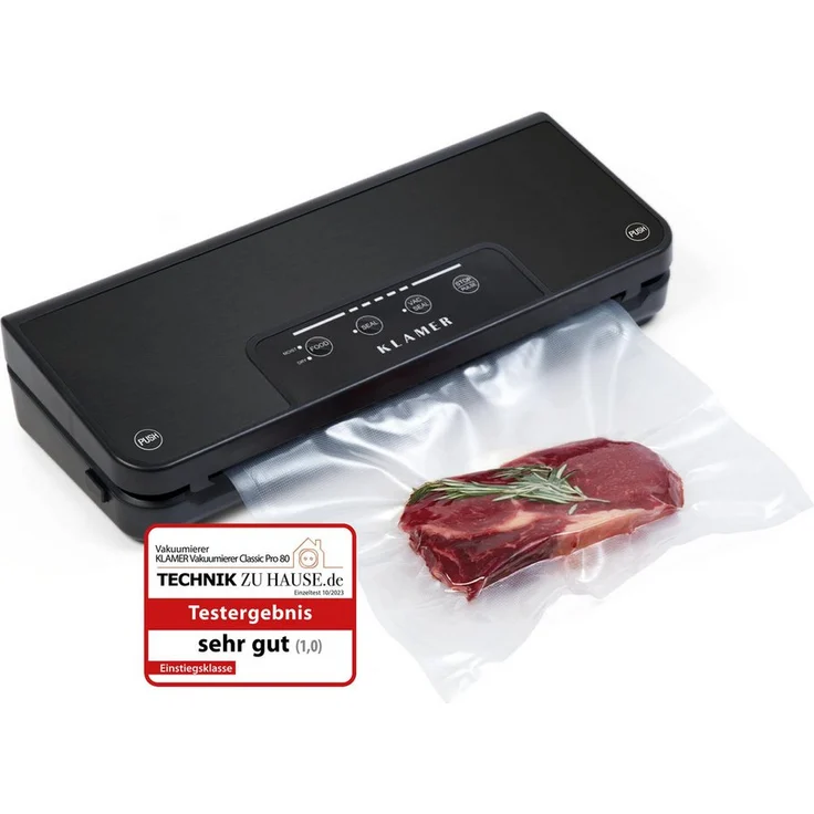 KLAMER Vakuumierer Classic Pro 80 - Vakuumierer für trockene oder feuchte Lebensmittel, 110W, Temp.-Überwachung, Cutter, Rollenfach, 0,8 bar starke Pumpe – Bild 1