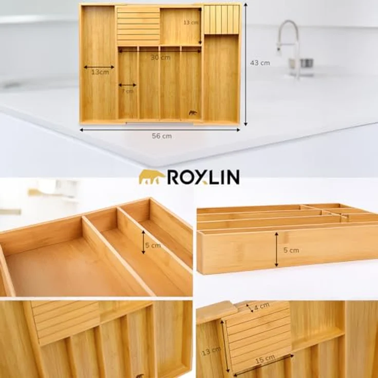 Roxlin Besteckkasten Bambus, Messerhalter und Schubladen Organizer, 57 cm x 43 cm, Farbe Natur – Bild 5