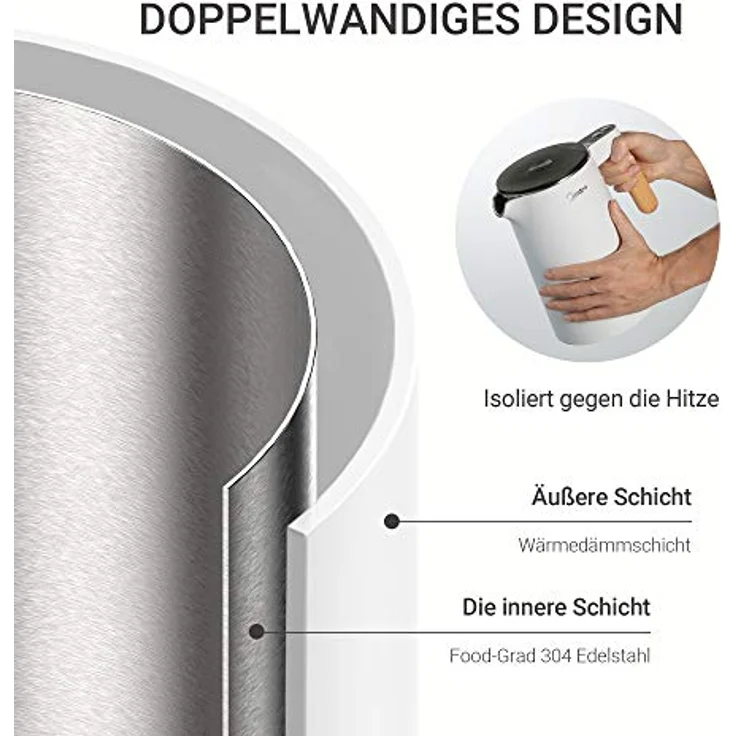 Midea Edelstahl Wasserkocher mit Temperatureinstellung, 1,5 Liter, 2200W, wasserkocher weiß, Teekocher mit Temperaturanzeige und Sicherheitsfunktionen,BPA frei – Bild 5