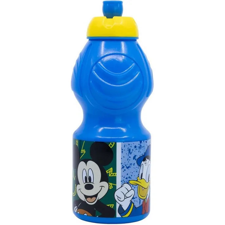 Disney Mickey Mouse Trinkflasche, Kindertrinkflasche 400 ml mit Tropfschutz Deckel und Anti-Rutsch Band