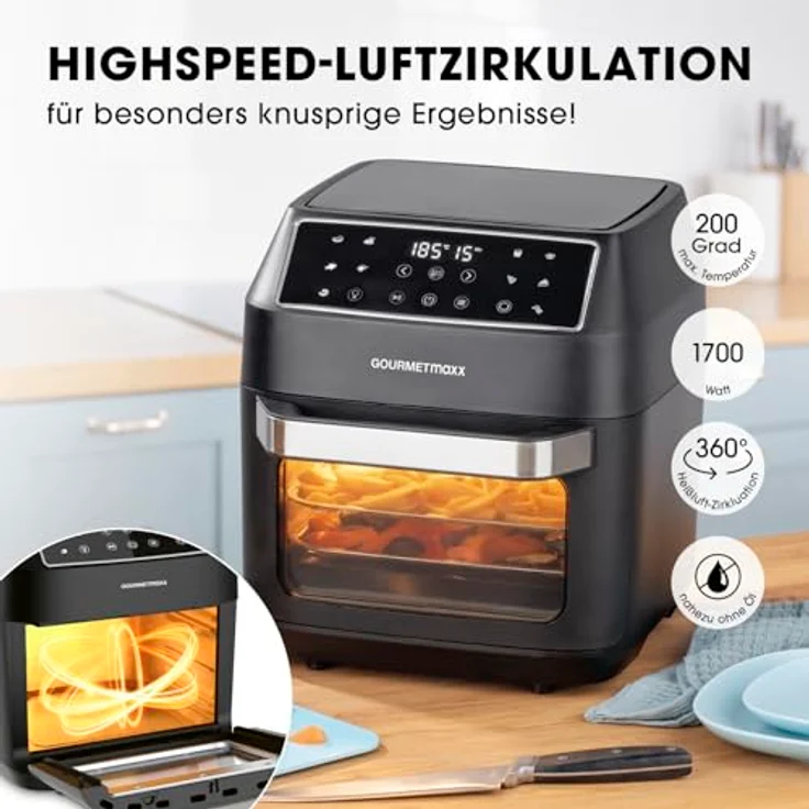 GOURMETmaxx XXL-Heißluftfritteuse mit großem Fassungsvermögen (12L) und 10 Programmen für eine schnelle & mühelose Zubereitung | Touchdisplay und Timer-Funktion | Inkl. umfangreichem Zubehörpaket - Preisvergleich – Bild 2