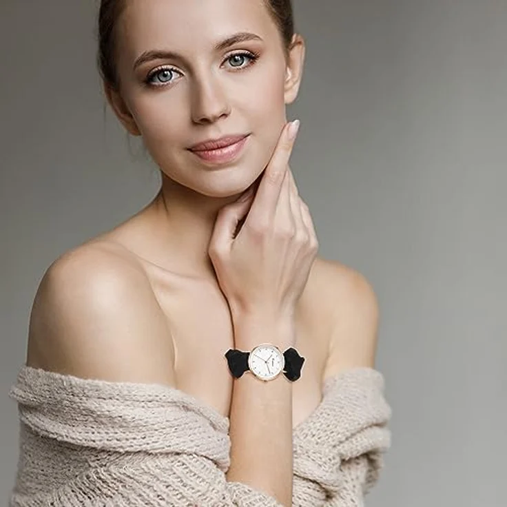 JewelryWe Damen Armbanduhr mit elastischem Haarband, Analoge Quarz-Uhr mit Schwarz Haargummi, klassisches Design und präziser Zeitanzeige – Bild 2