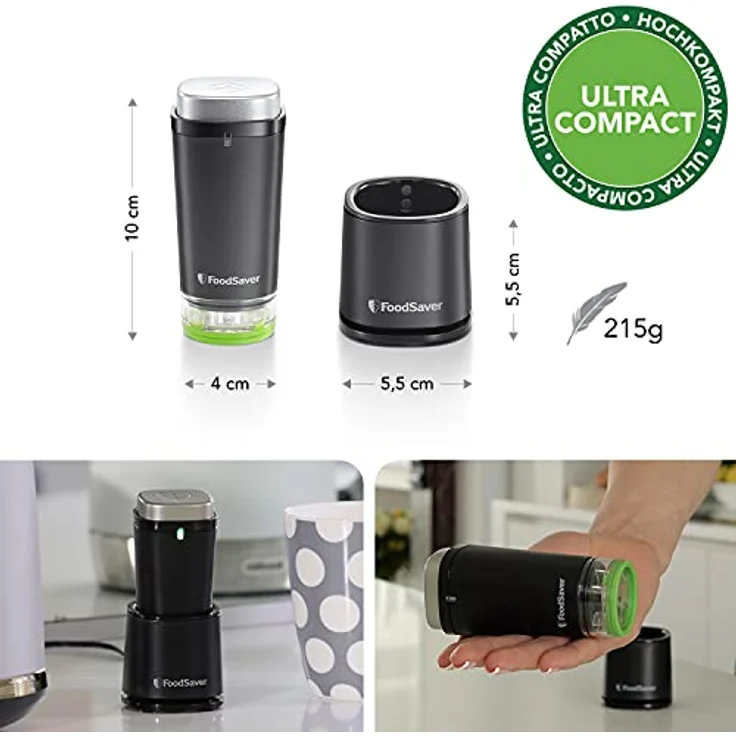 FoodSaver kabelloser Handvakuumierer zum Versiegeln von Lebensmitteln mit Ladestation | Mini Vakuumiergerät mit 1 Behälter zum Einmachen und Marinieren und 5 Frischhalte-Vakuumierbeuteln [VS1199X] – Bild 2