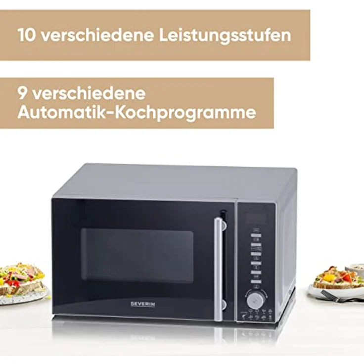 Severin MW 7773 Mikrowelle mit Grill, 20 Liter, 800 Watt, Standgerät, Heißluft, Grill, Pizzastufe, schwarz, silber – Bild 2