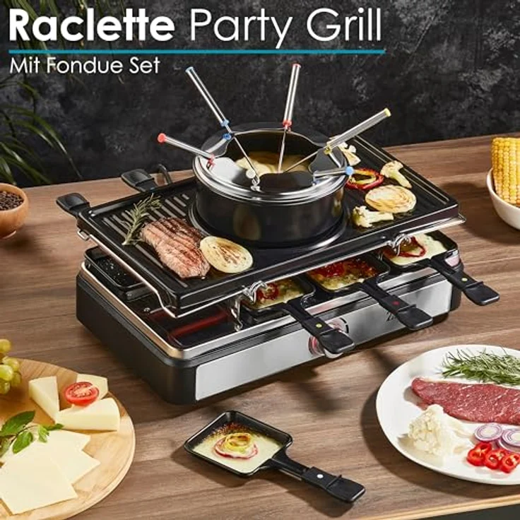 Raclette Grill mit Fondue Set | Raclette Gerät | 8 Personen | Tischgrill | Party Grill | Elektro Grill | Raclettegrill | Massive Naturstein- und beschichtete Grillplatte | Heizelement aus Edelstahl – Bild 3