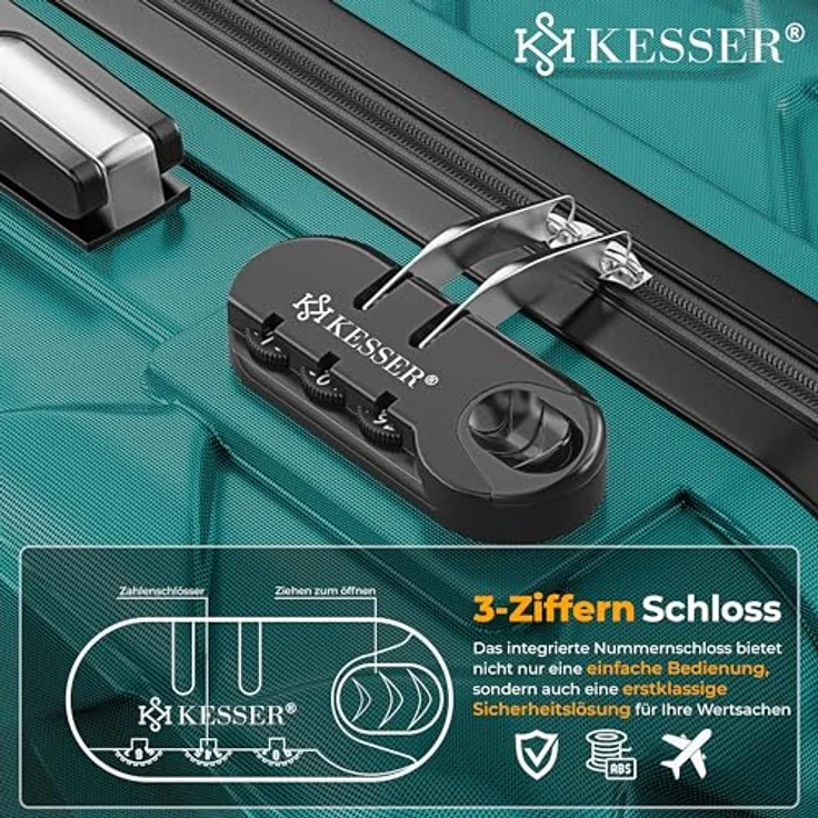 KESSER® Reisekoffer 120L ABS Hartschalenkoffer mit Zahlenschloss, Kofferwaage, Reisebrieftasche & 360° Rollen, Trolley Petrol Teal – Bild 3