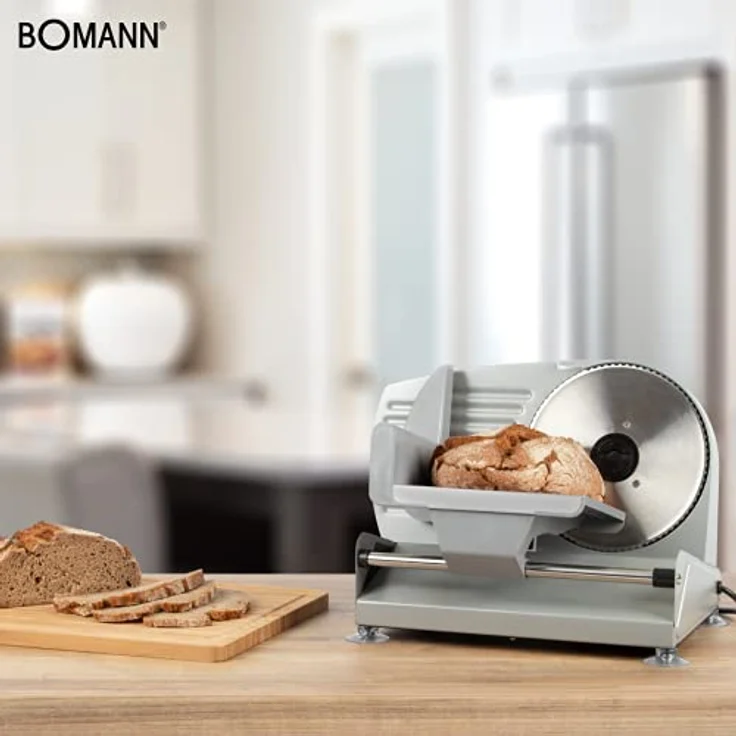 Bomann MA 451 CB, Vollmetall-Allesschneider, Großes rostfreies Edelstahlmesser (Ø 190 mm), 150 Watt, Universalwellenschliff, Alu-Druckguss Motorgehäuse, Stufenlos einstellbare Schnittstärke (0-15mm) – Bild 2