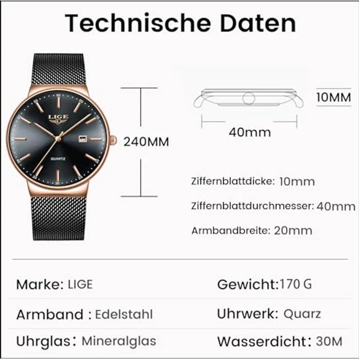 LIGE Ultra Kalender Herrenuhr, Analoge Quarz mit Rotgold Zifferblatt, Edelstahl Gitterband, 3ATM wasserdicht, Luxus Armbanduhr für Freizeit und Business – Bild 3