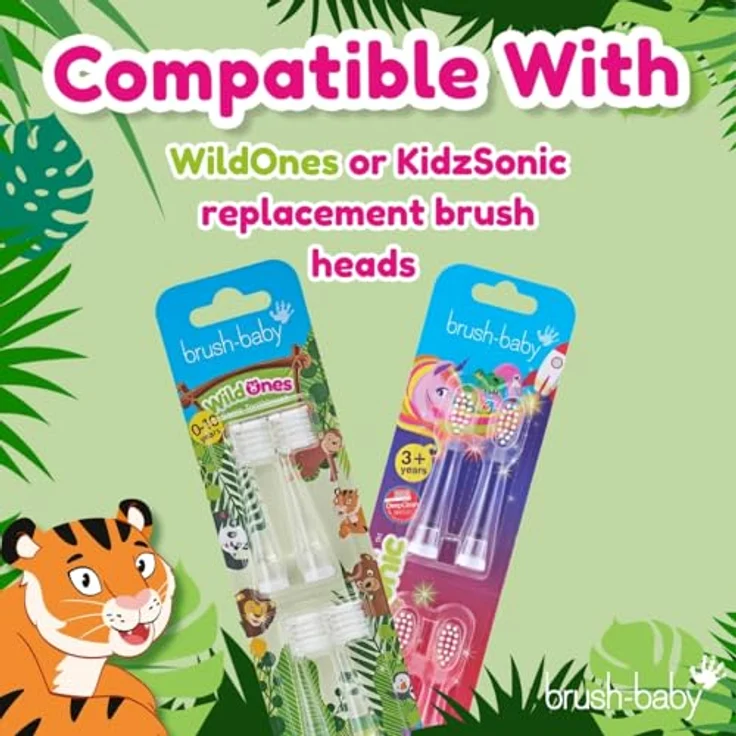 Brush-Baby WildOnes Toby Tiger, Elektrische wiederaufladbare Zahnbürste mit 2-Minuten-Timer, USB-Ladekabel, wasserdicht, für Kinder von 0-10 Jahren, inklusive 2 Ersatzbürstenköpfen – Bild 8
