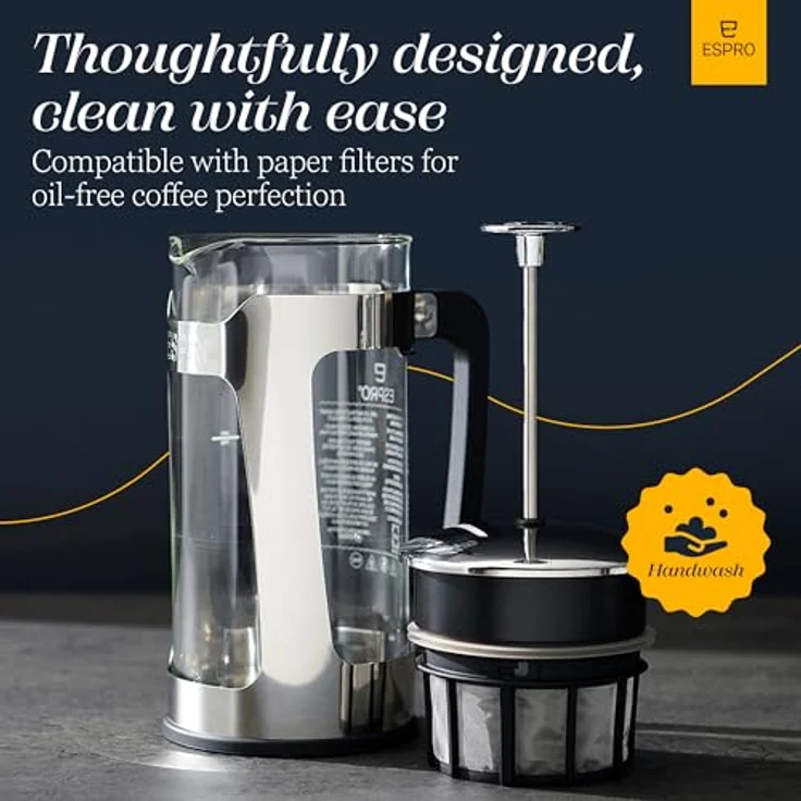 Espro Kaffeepresse, P5-32 oz, Glas und Edelstahl, FFP Einzelhandelsverpackung 32 Ounce Glas-Edelstahl – Bild 5