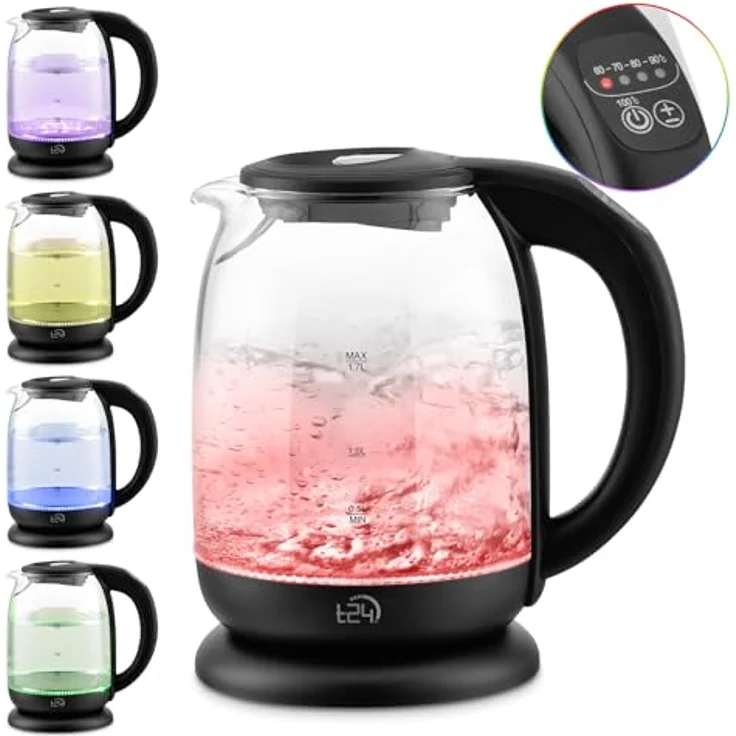 T24 Wasserkocher Glas 1,7 L, Schwarz mit LED Beleuchtung, 2.200W, Temperatureinstellung 60-100 °C – Bild 2