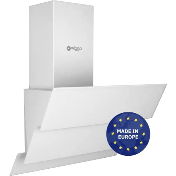 Wiggo Dunstabzugshaube 50cm kopffrei I Abluft Umluft Dunstabzug 300m³/h - LED Touch-Display 3 Stufen I Schräghaube inkl. Fettfilter & 2x Kohlefilter I Abzugshaube mit 3 teiliger Glasfront weiß – Bild 1
