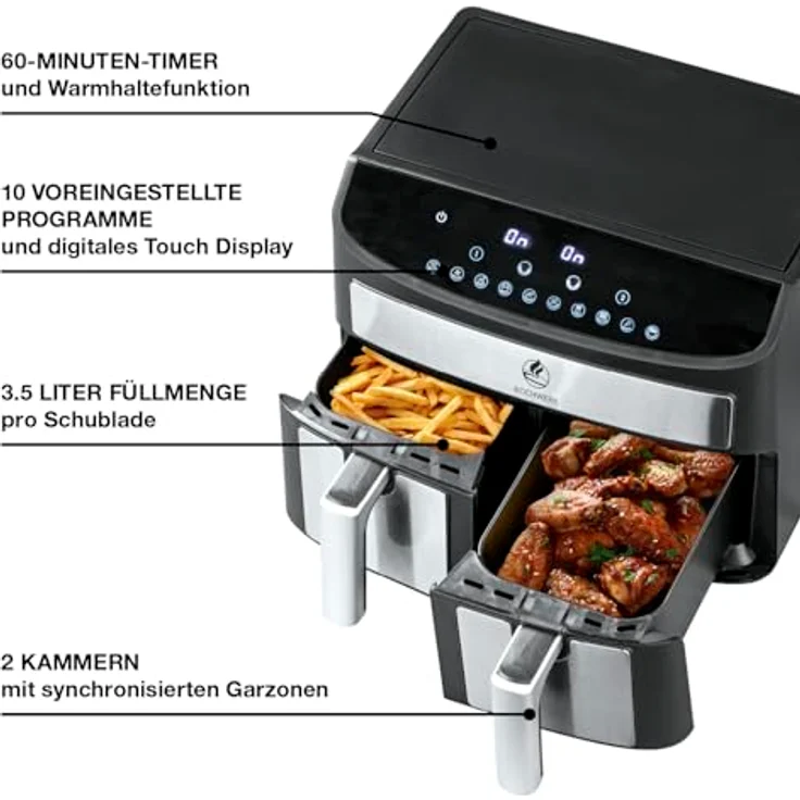 KOCHWERK Doppelkammer Heißluftfritteuse 7 L | Digitaler Edelstahl Airfryer mit Touchscreen & 10 Programmen | Frittieren von Speisen ohne Öl - fettarm | Smart-Cook Funktion | 2400 W – Bild 2