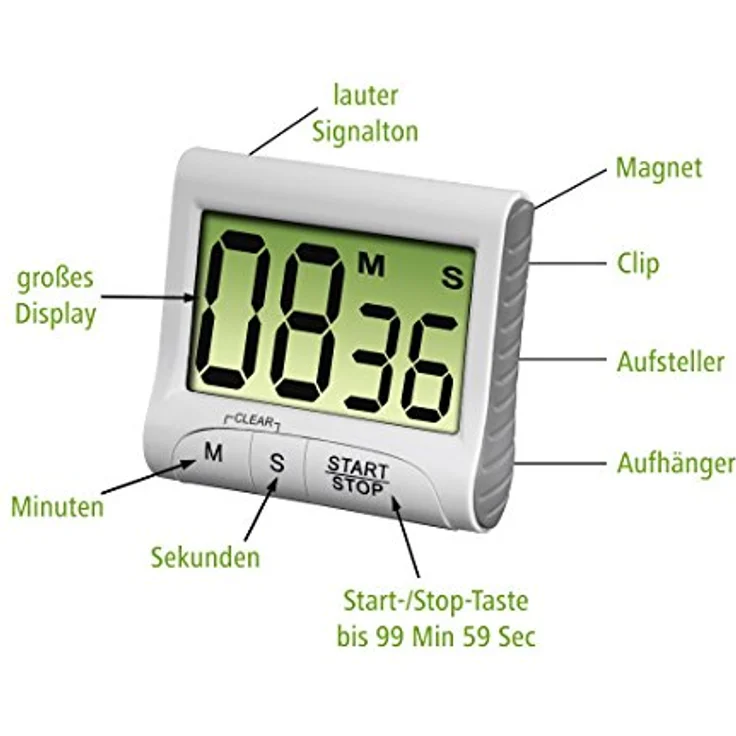 Xavax Digitaler Küchentimer mit Timer- und Stopp-Uhr-Funktion (Befestigung via Magnet, Clip, Hänger oder Aufsteller) batteriebetrieben, weiß – Bild 2