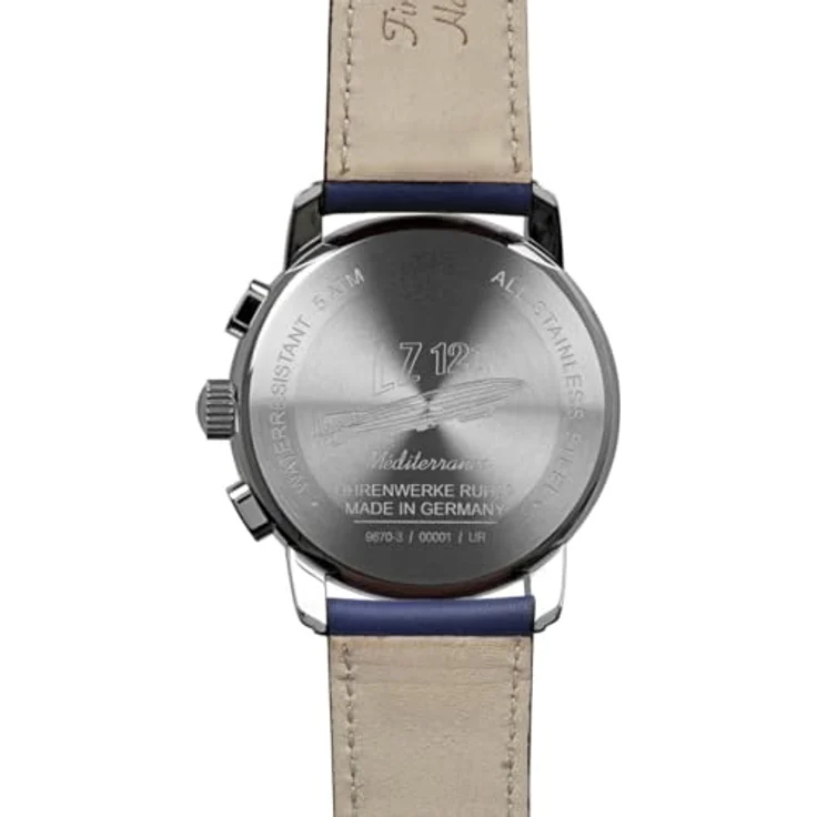 Zeppelin 9670-3 Herrenuhr 100 Jahre Méditerranée, Edelstahlgehäuse Silberfarben, azurblaues Zifferblatt, blaues Lederband – Bild 3