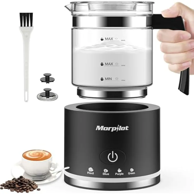 Morpilot Elektrischer Milchaufschäumer 600W, 4-in-1 Milchschäumer 130-500ml für heißen und kalten Schaum, spülmaschinenfestes visuelles Glas, Schwarz