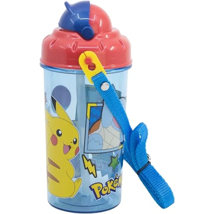 POKEMON JUEGO DE CARTAS Trinkflasche, 450 ml, mit Trageband und integriertem Strohhalm, Blau – Bild 2