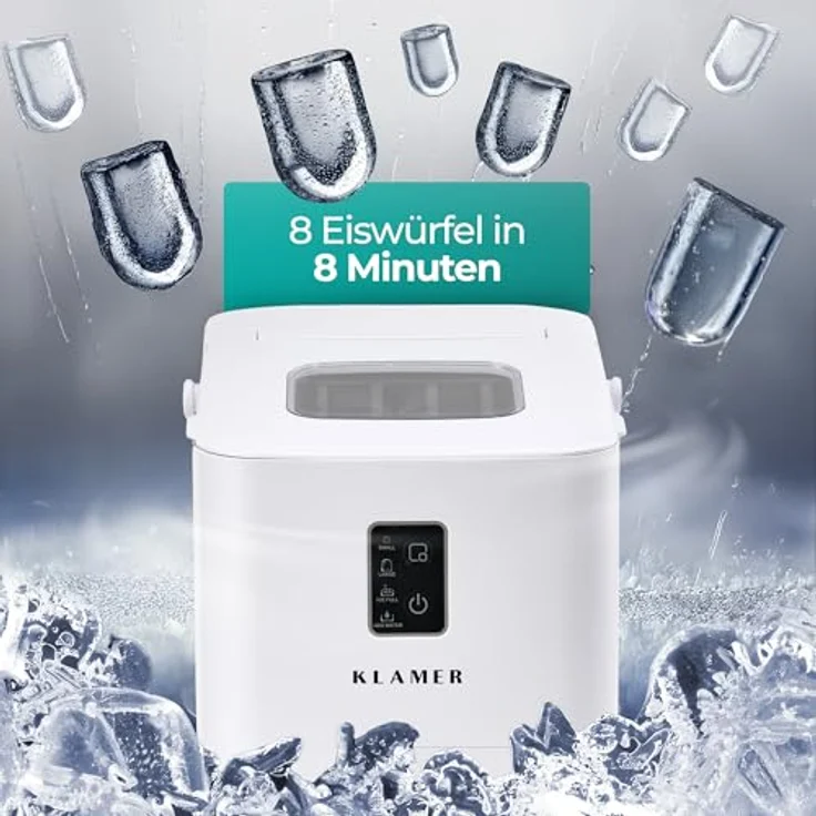 KLAMER Eiswürfelmaschine klein (2025), 8 Eiswürfel in 8 Minuten, 11 kg Eis pro Tag, 2 Größen, 1 L Wassertank, geräuscharm mit Eisschaufel und Tragegriff – Bild 3
