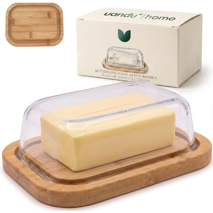 uandu Butterdose Glas mit Deckel für 250 g Butter – Borosilikatglas mit FSC-zertifiziertem Bambusboden und Spülmaschinenfestigkeit