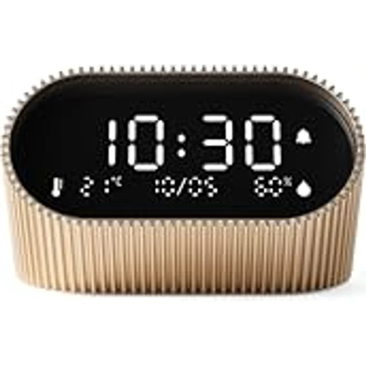 Lexon Ray Clock, Quarzwecker Digitalwecker mit schwarzem LCD-Display, Innenthermometer und Hygrometer, goldfarben – Bild 2
