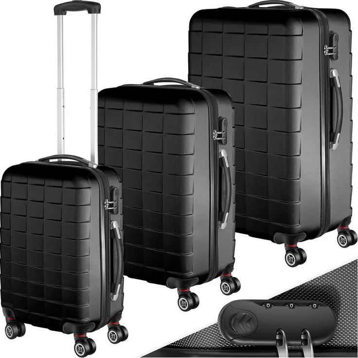 tectake Trolley Hartschalenkoffer-Set, 4 Rollen, erweiterbar, schwarz