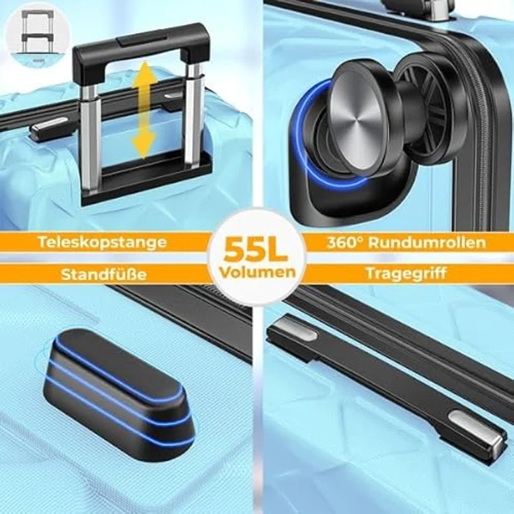 KESSER® Reisekoffer 55L ABS Hartschalenkoffer mit Zahlenschloss, Kofferwaage, Reisebrieftasche, 360° Rollen und Teleskopstange, Schwarz – Bild 5