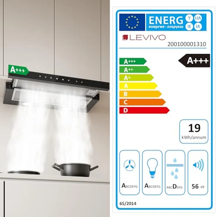 LEVIVO Flachschirmhaube 60cm, A+++ Dunstabzugshaube mit 750 m³/h, Umluft & Abluft, 3 Stufen, 2 Booster, Edelstahl Design, 2 Aktivkohlefilter, 2 Fettfilter – Bild 6