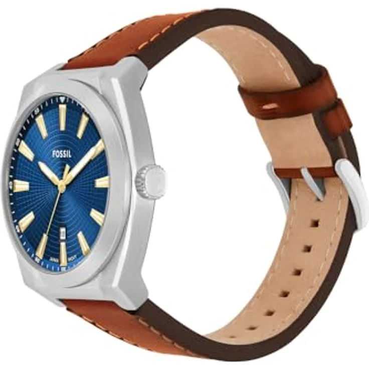 FOSSIL Herren Analog Quarz Uhr FS6115, 42 mm, braunes Lederarmband, blaues Sunray-Zifferblatt, 50 m wasserdicht – Bild 3